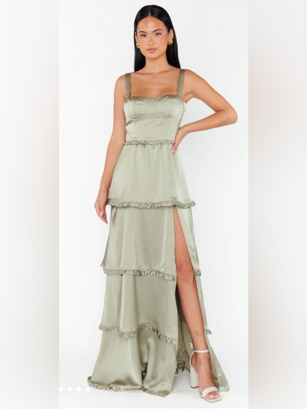 Show Me Your MuMu Sage Green Satin Tiered Maxi Dress